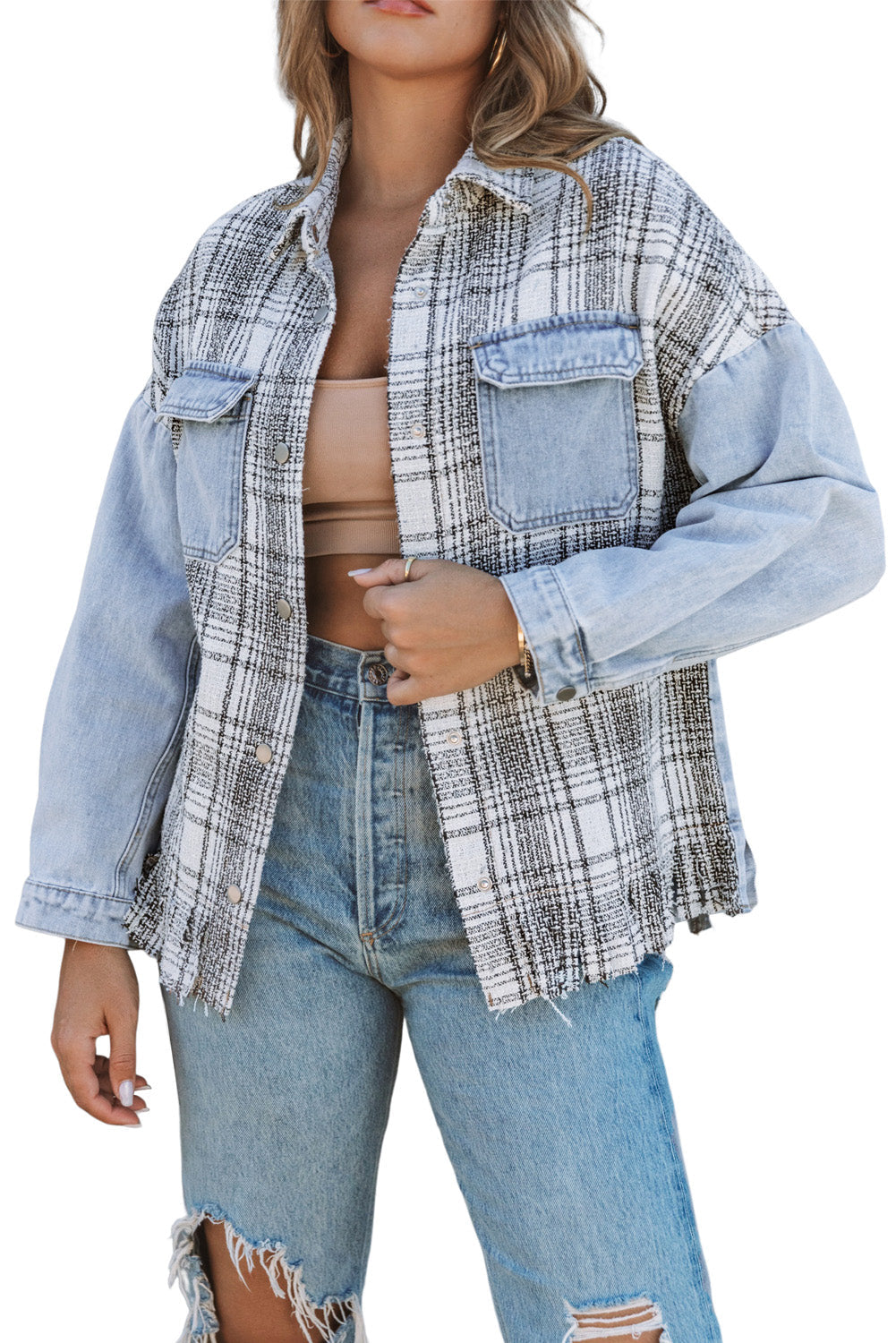 Sky Blue Plaid Patchwork Fringed Flap Pockets Denim Jacket