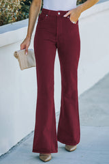 Burgundy High Waist Flare Jeans with Pockets