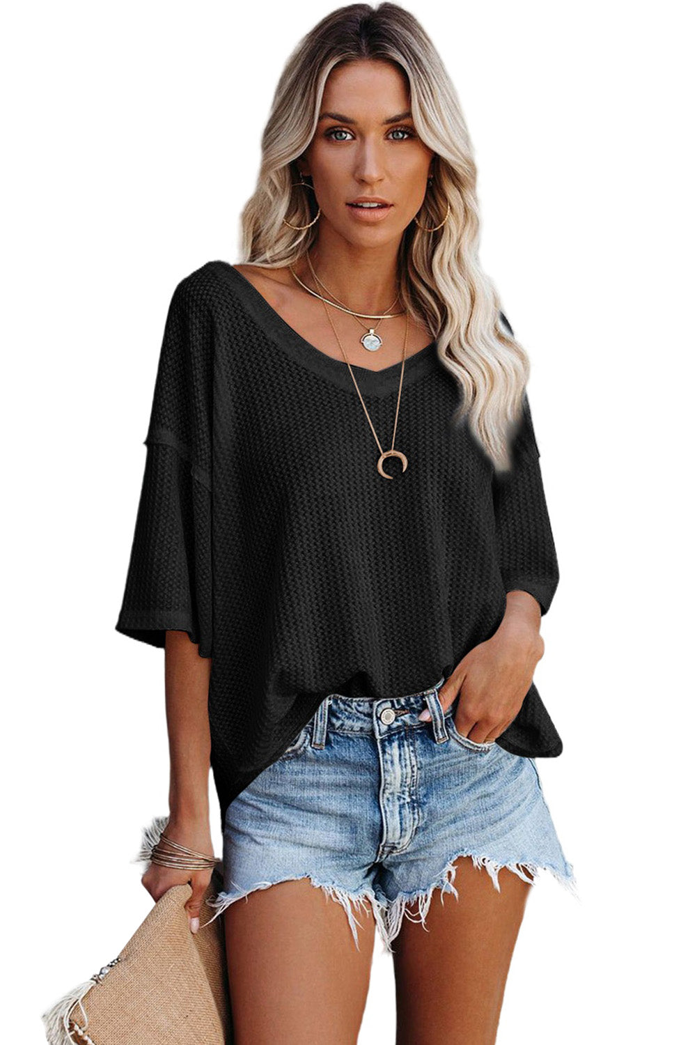 Black Waffle Knit Drop Shoulder Loose Top