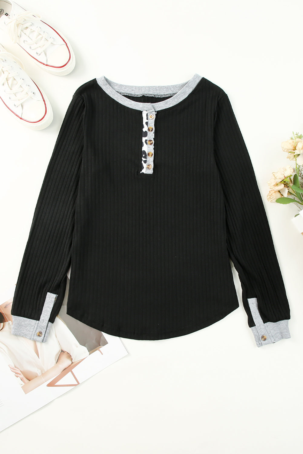 Black Contrast Neckline Ribbed Knit Henley Top