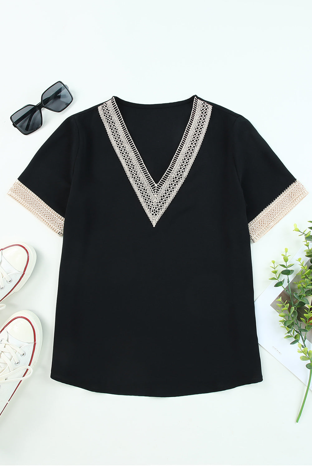 Black Lace Crochet Splicing V Neck Shift Dress