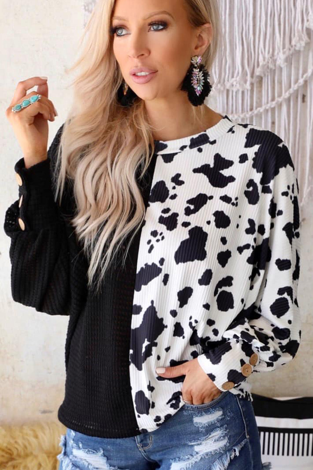 Black Cow Patchwork Waffle Knit Long Sleeve Top