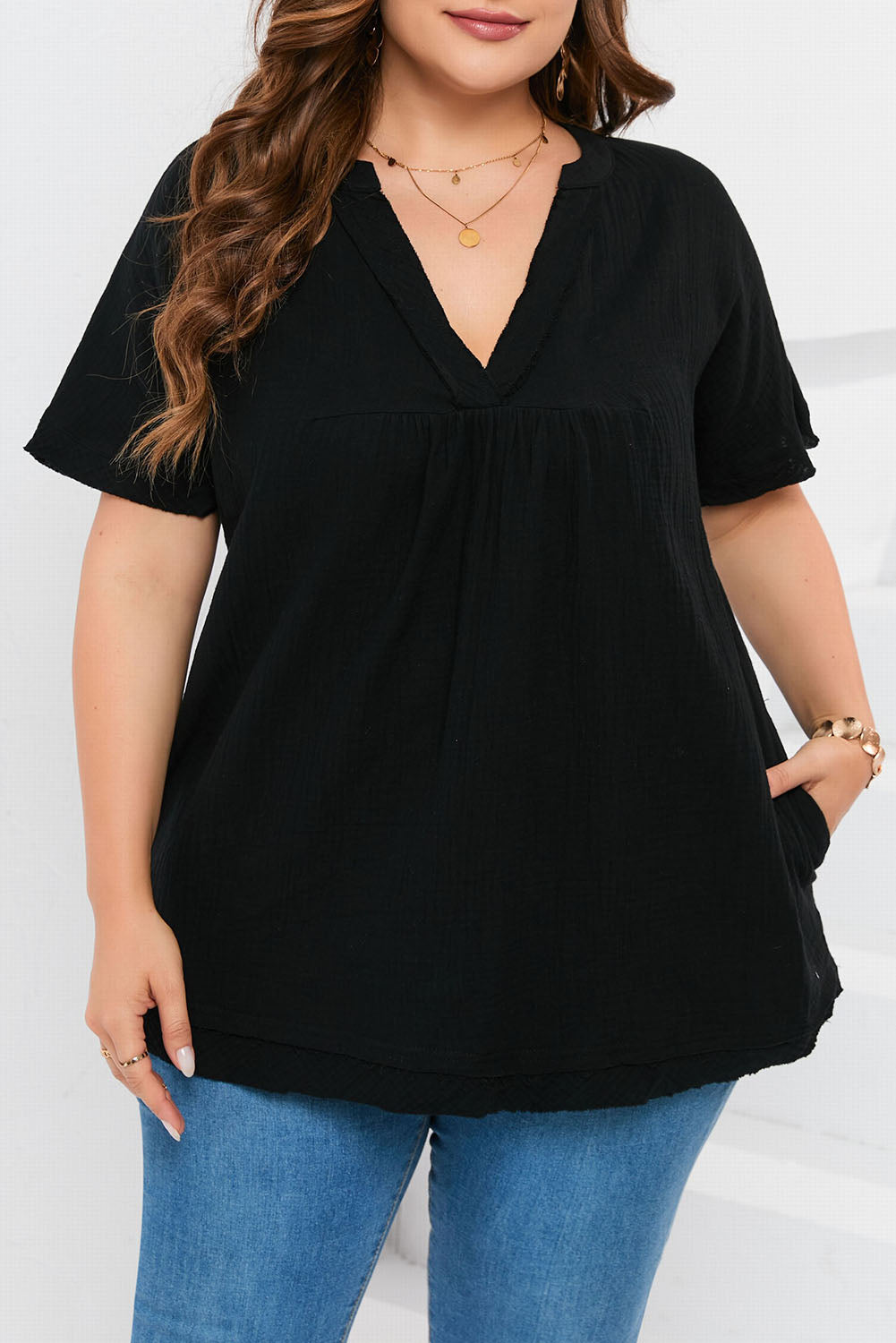 Black Plus Size Textured Short Sleeve Babydoll Blouse
