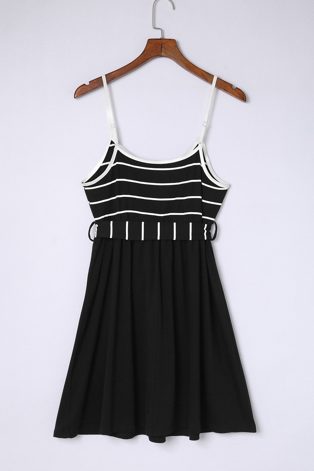 Black Spaghetti Straps Striped Cami Dress with Sash