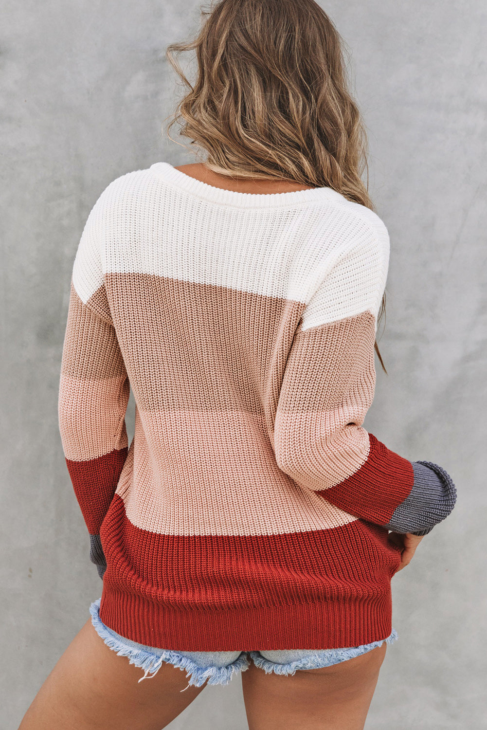 Color Block Knitted O-neck Pullover Sweater