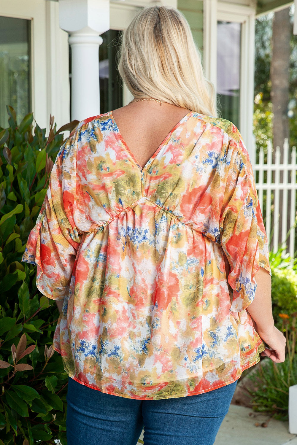 Multicolor Abstract Print Drape Sleeve V Neck Plus Size Babydoll Blouse