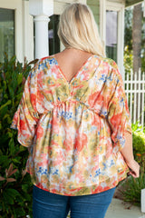 Multicolor Abstract Print Drape Sleeve V Neck Plus Size Babydoll Blouse