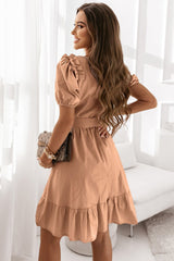 Brown V-Neck Ruffle Buttoned Midi Dress