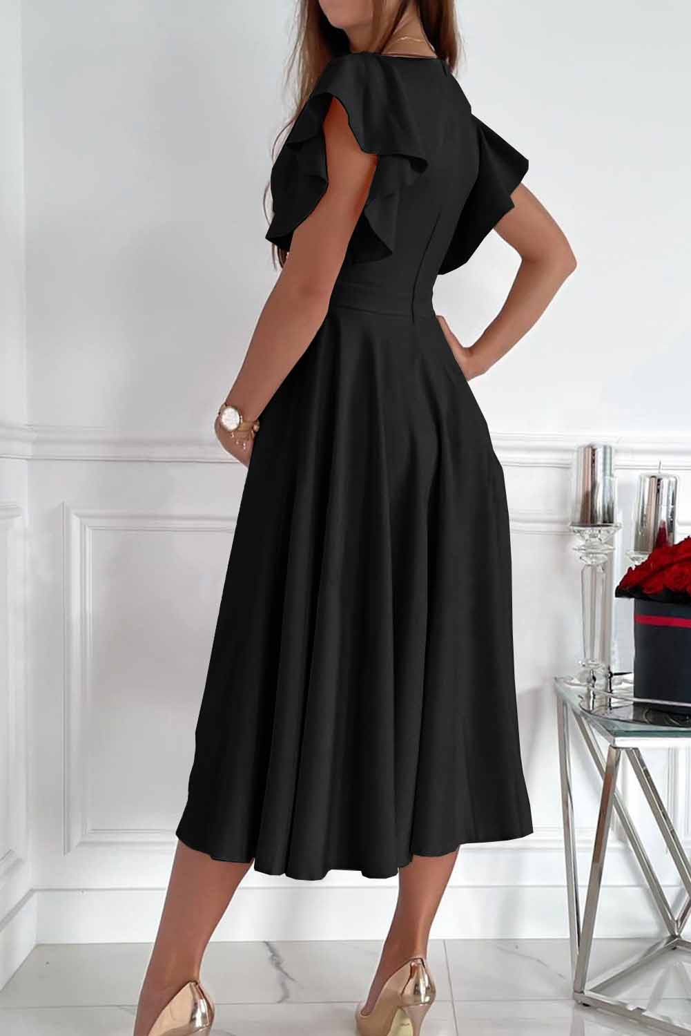 Black Ruffled Sleeve Wrap V Neck Midi Dress