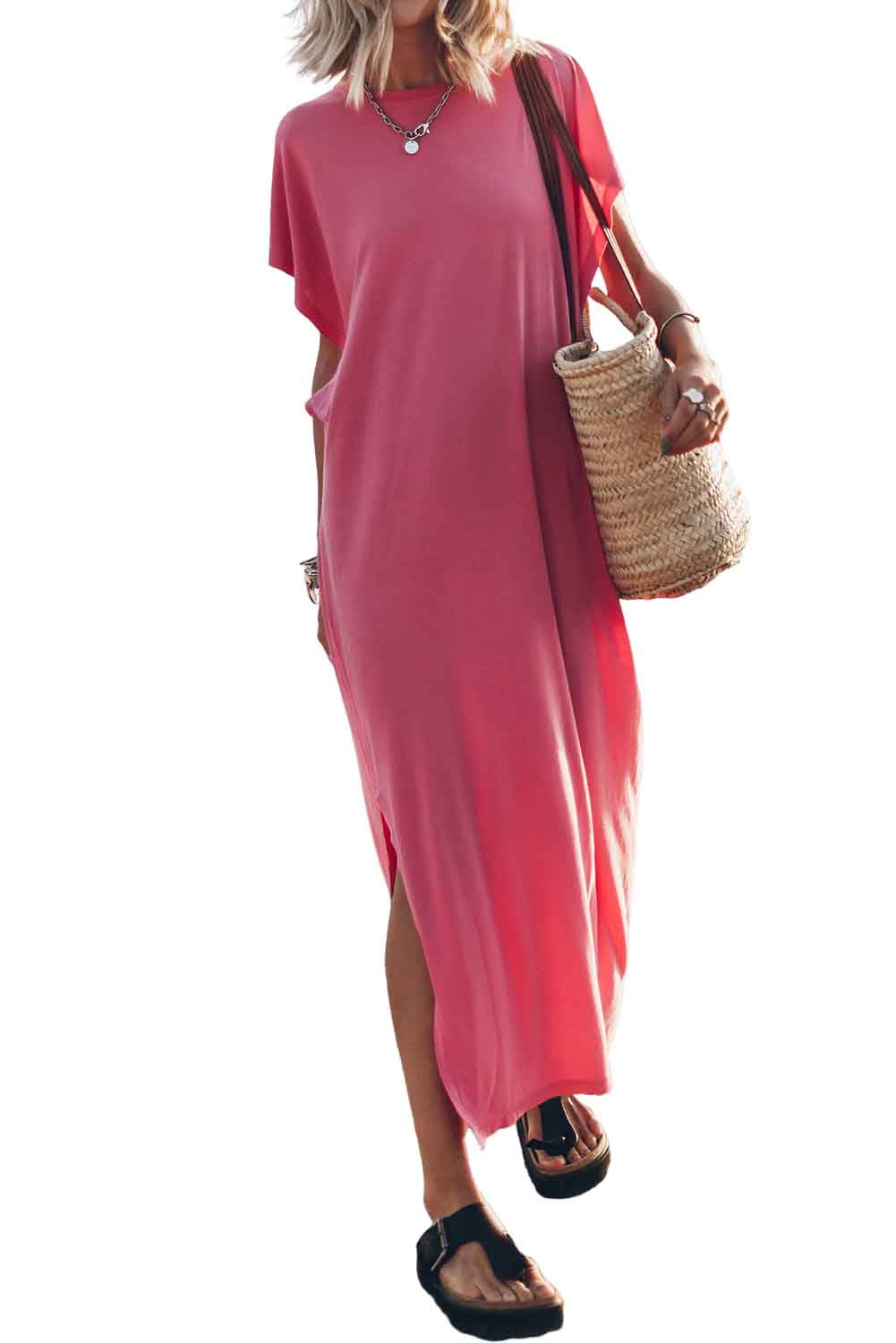 Pink Crew Neck Bat Sleeve Maxi T-shirt Dress