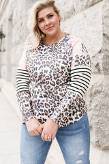 Leopard Plus Size Leopard Stripe Floral Patch Crew Neck Long Sleeve Top
