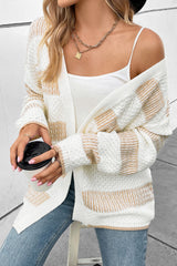 Beige Textured Stripe Pattern Drop Shoulder Duster Cardigan