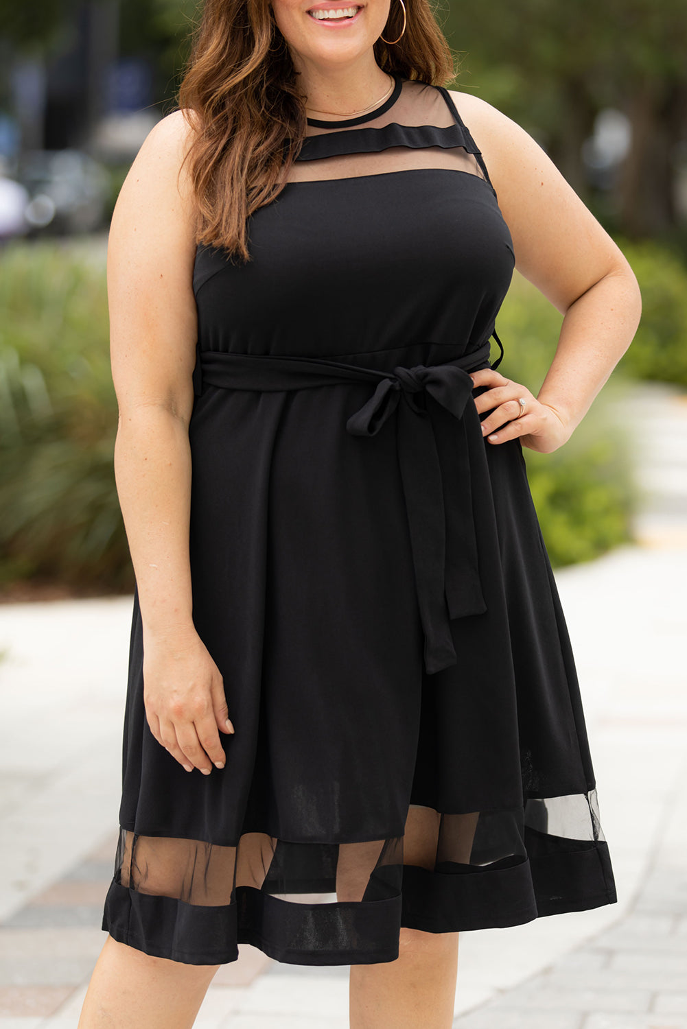 Black Plus Size Mesh Panel Skater Dress