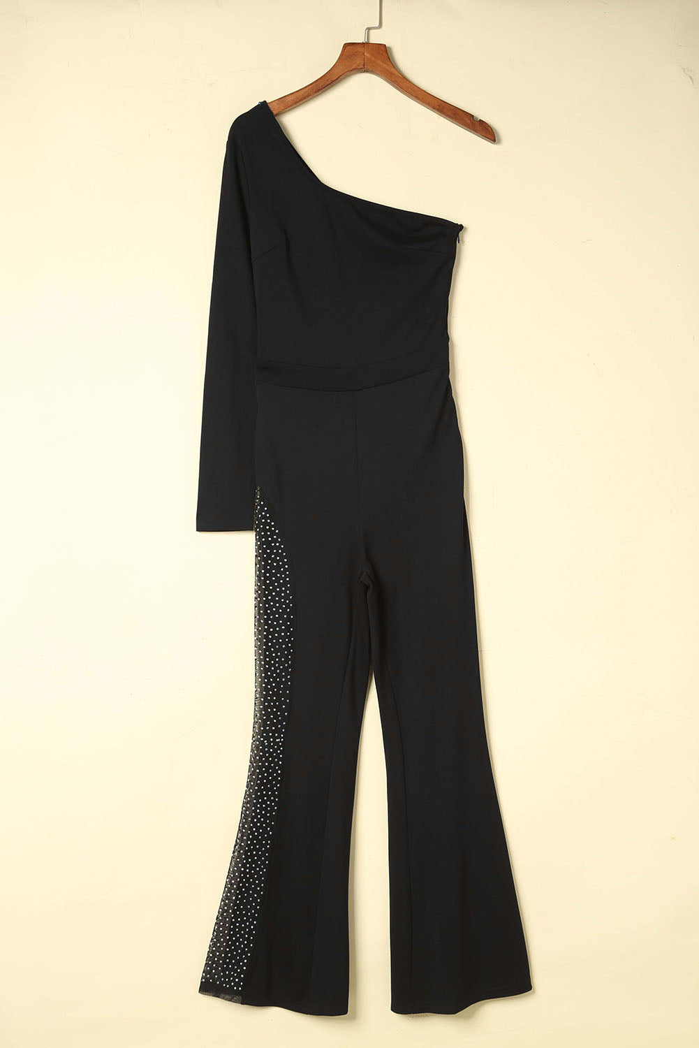 Black One-shoulder Gem Rhinestone Accent Flare Bottom Jumpsuit