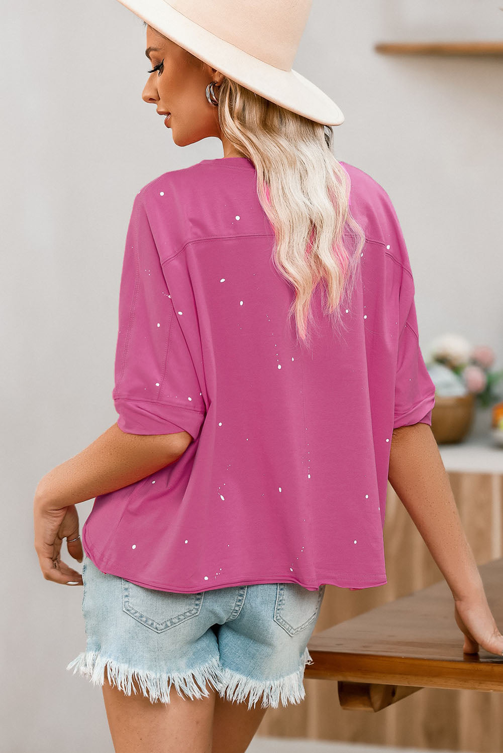 Pink Distressed Bleached Asymmetric Hem Short Sleeve Top