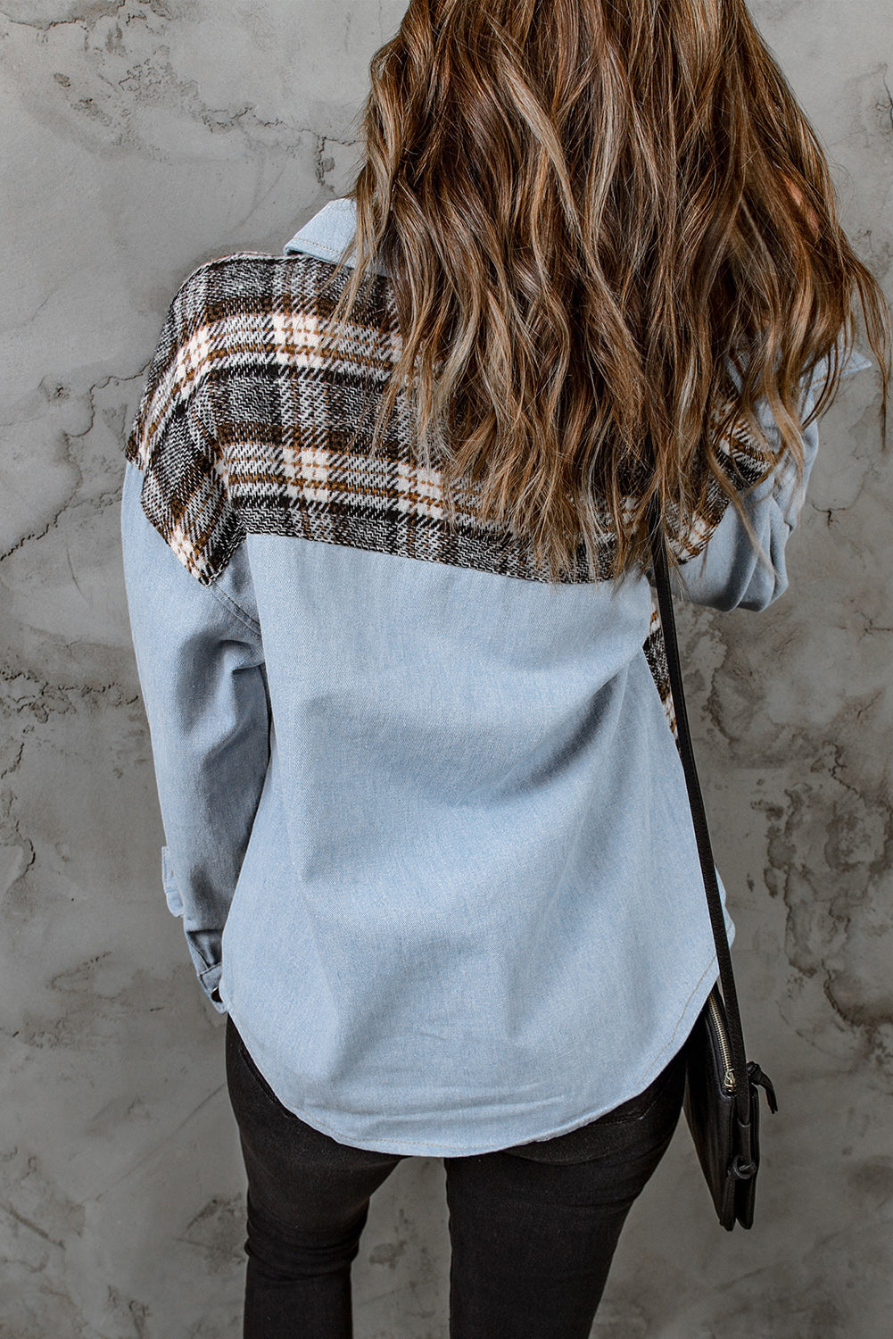 Sky Blue Plaid Patchwork Raw Hem Denim Jacket