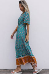 Sky Blue Wrap V Neck Lace-up High Waist Floral Dress