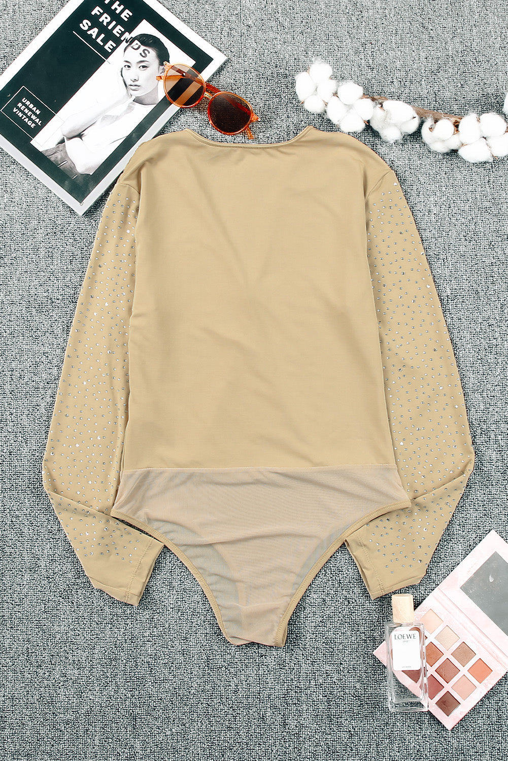 Khaki Rhinestone Surplice V Neck Long Sleeve Bodysuit