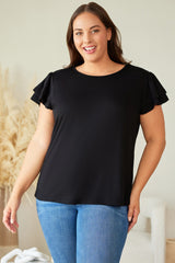 Black Plus Size Solid Color Ruffled Short Sleeve Top