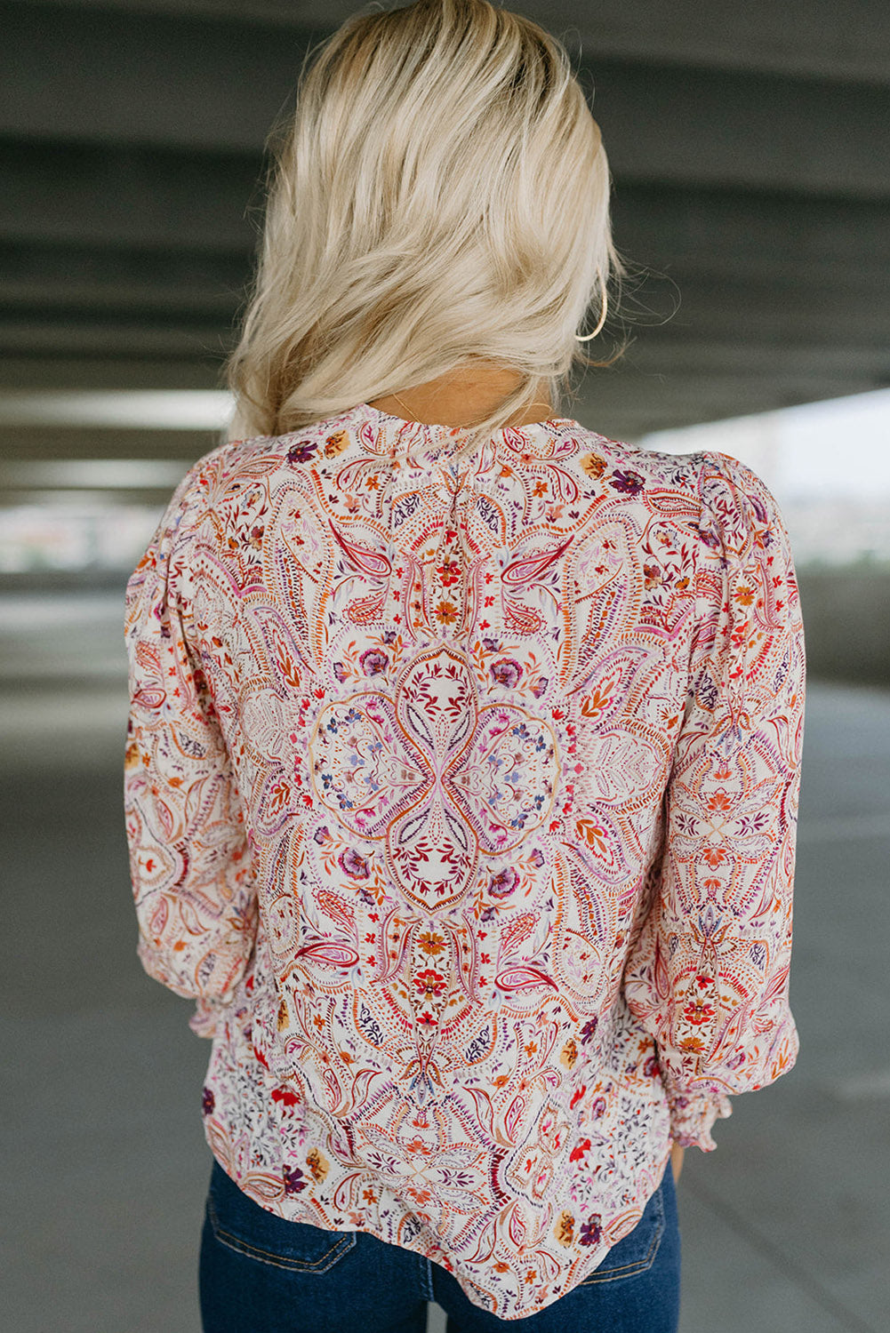 Red Vintage Boho Print Shirred Cuffs Blouse