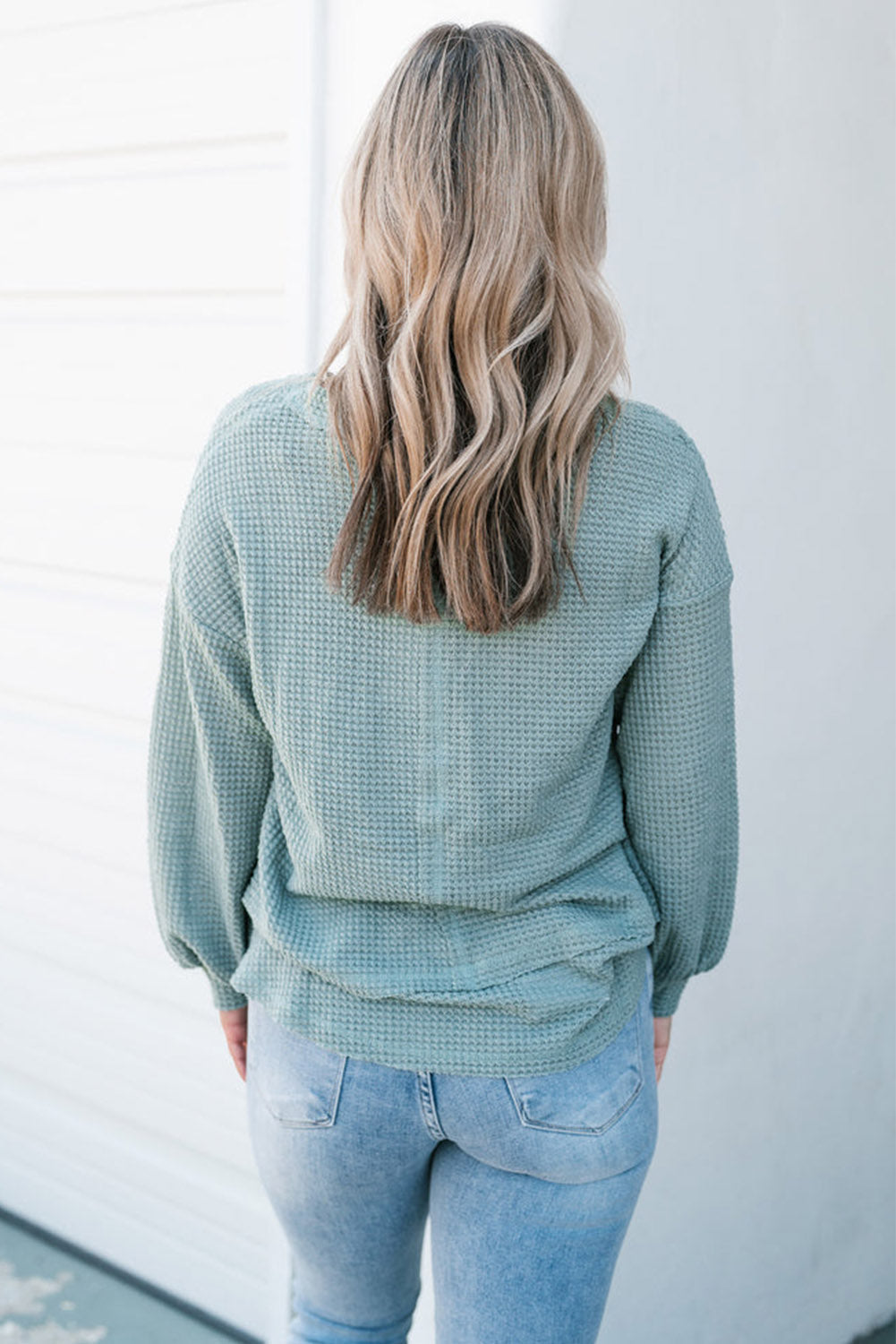 Mist Blue Raw Edge Detail Waffle Knit V Neck Top