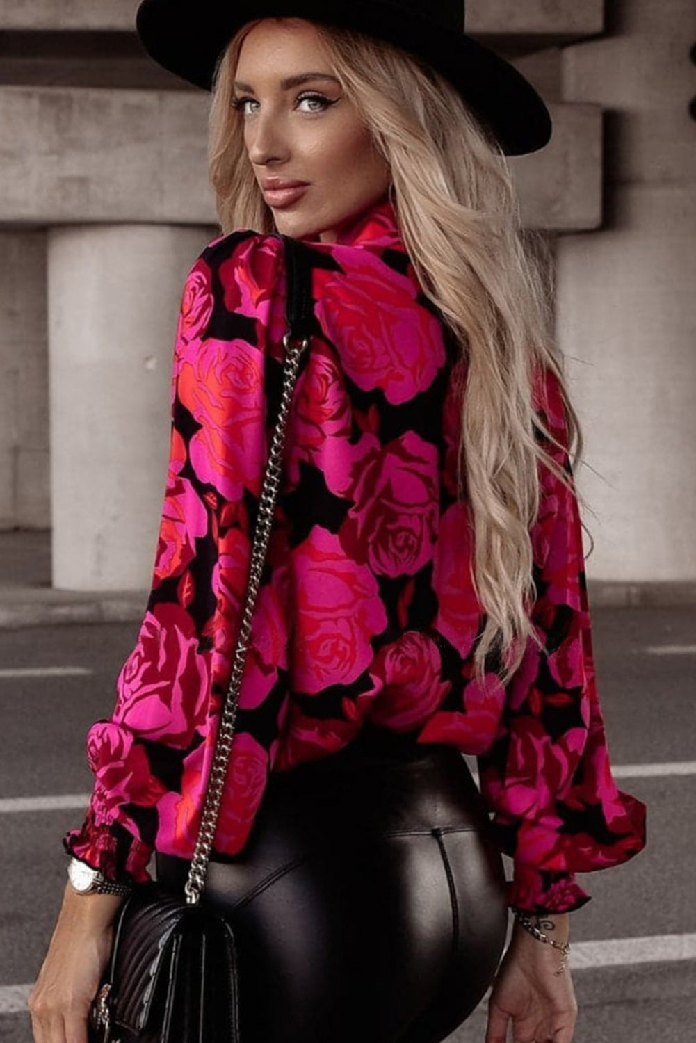 Rose Floral Shirred Cuffs Long Sleeve Shirt