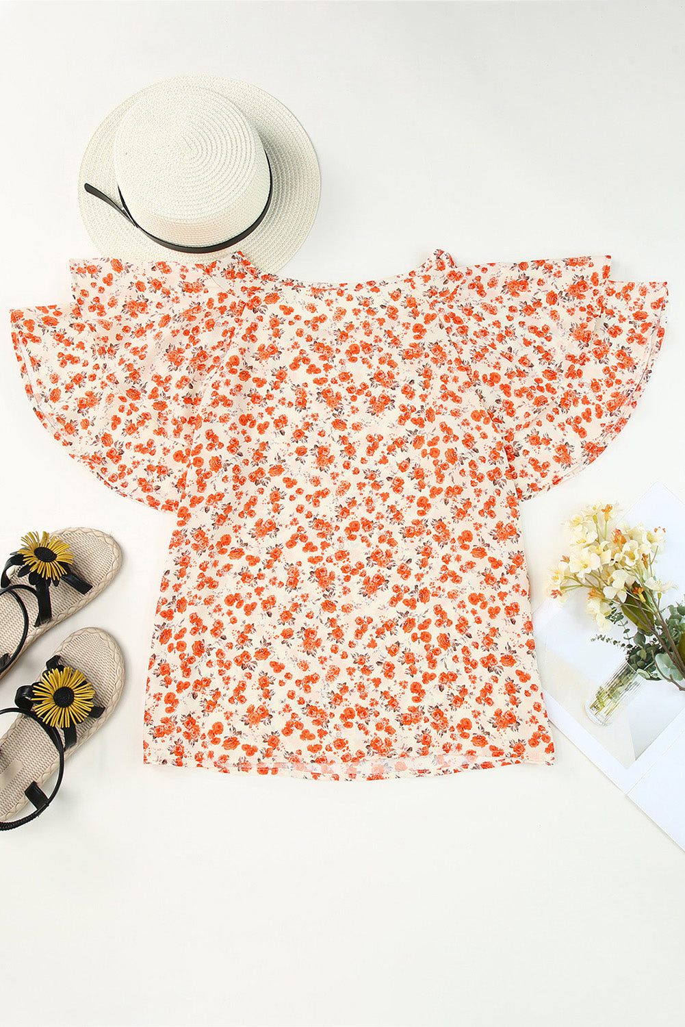 Orange Floral Tiered Flutter Sleeve Blouse