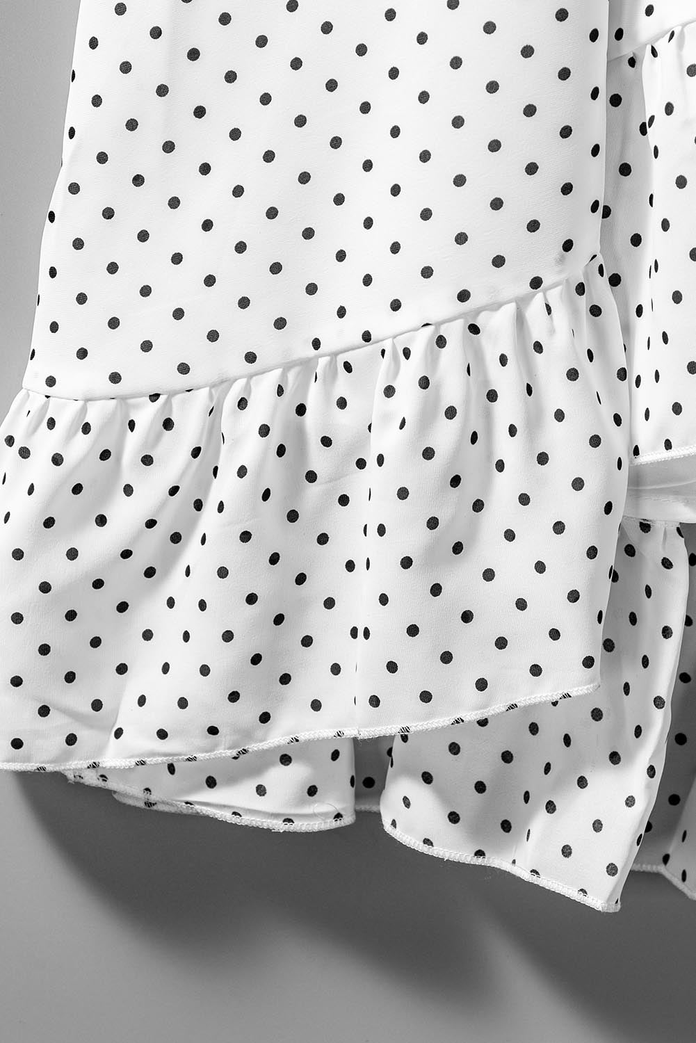 White Polka Dot V Neck Wrap Tie Ruffled Sleeve Midi Dress