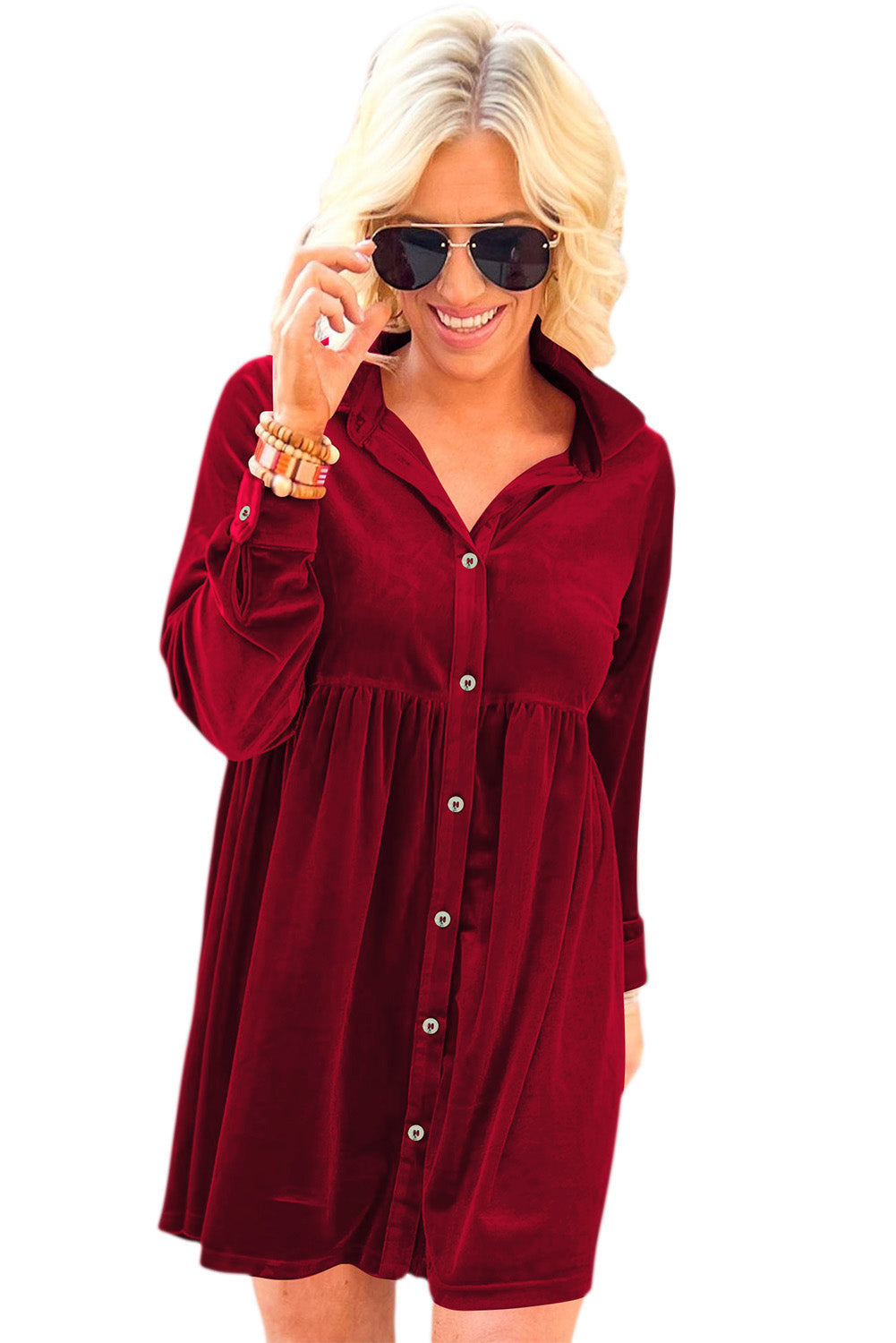 Rose Long Sleeve Ruffle Velvet Button Up Dress