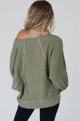 Green Exposed Seam Patchwork Dolman Sleeve Top