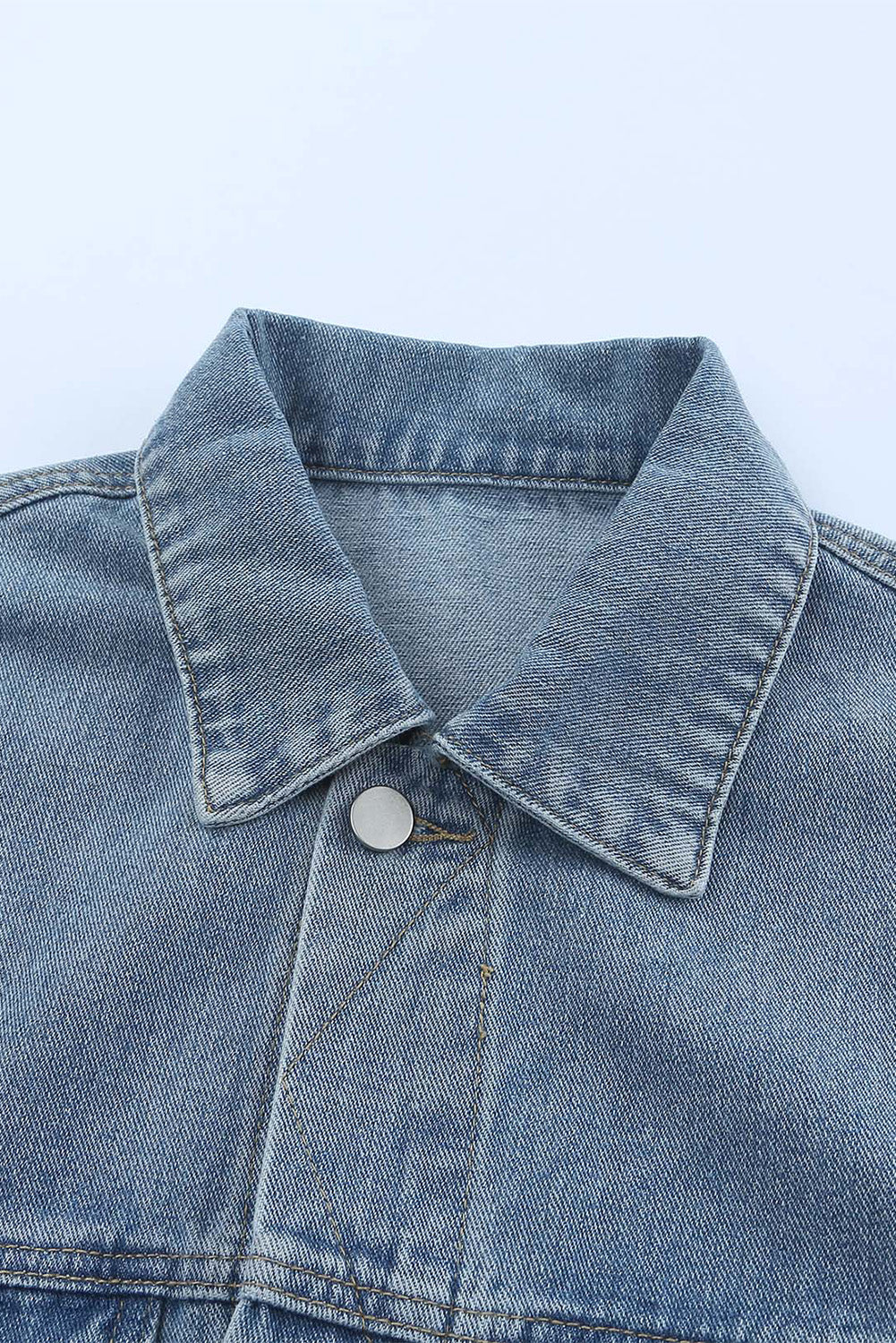 Sky Blue Elastic Hemline Acid Wash Denim Jacket