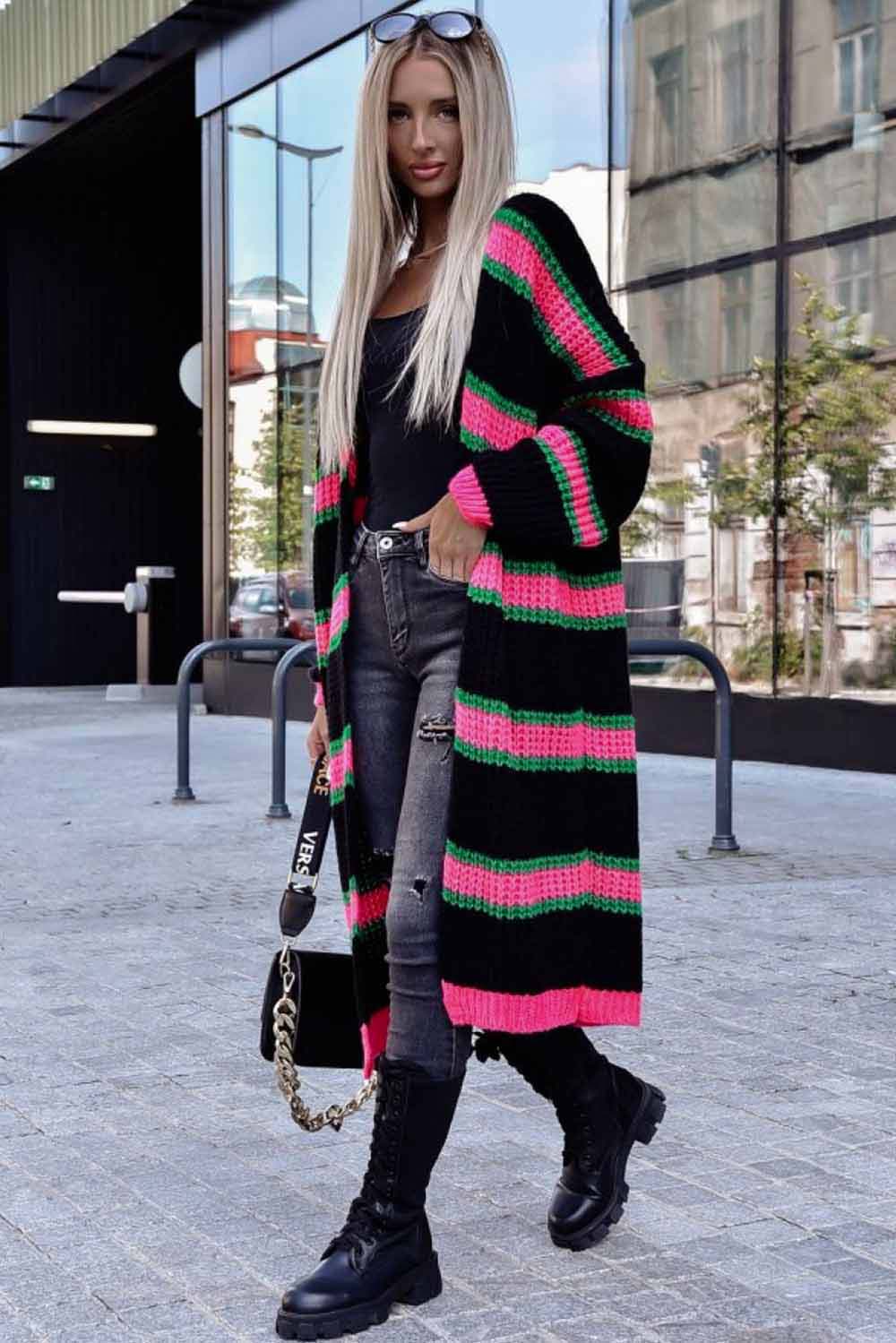 Black Drop Shoulder Color Block Knitted Duster Cardigan