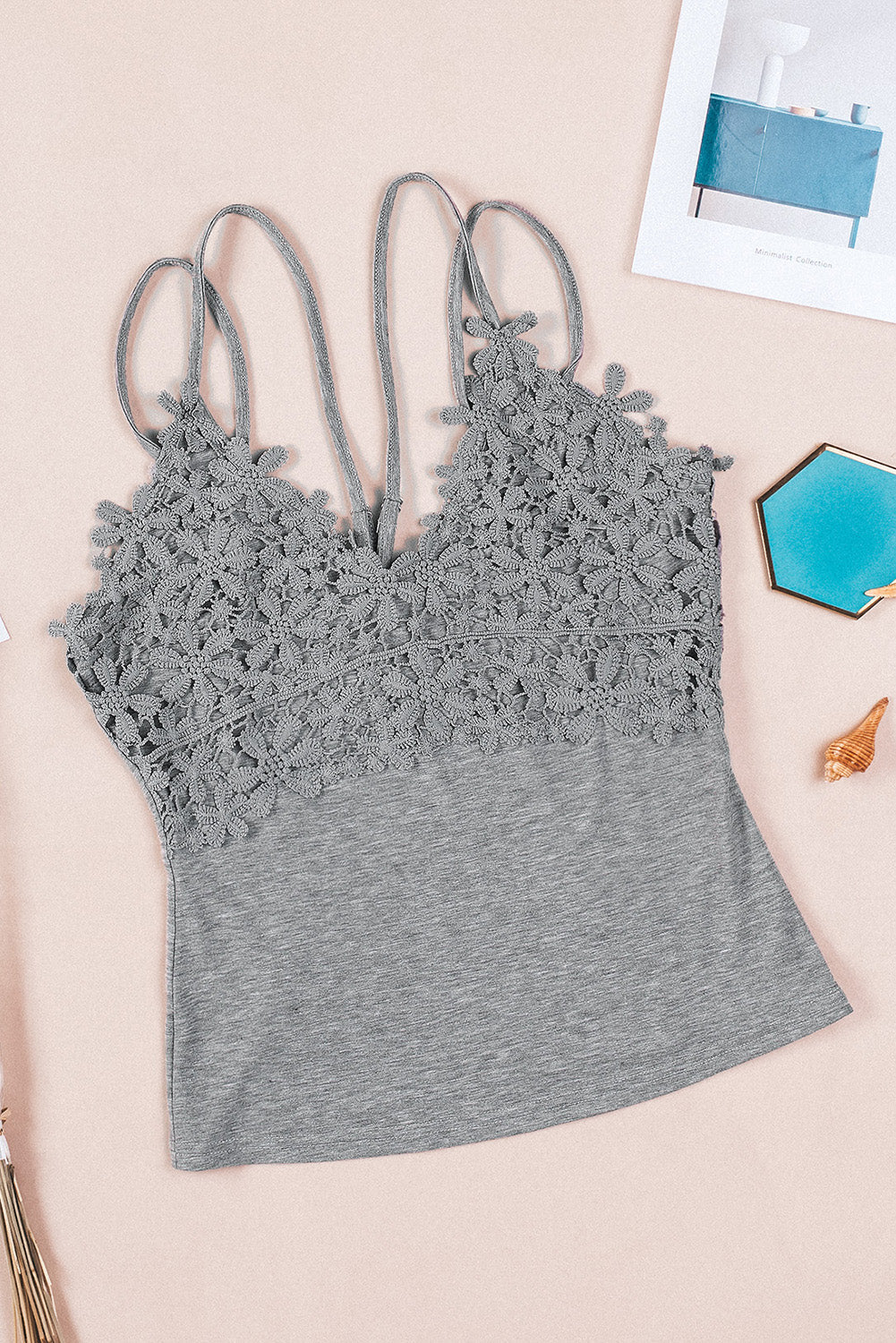 Black Lace Overlay Strappy Hollow-out Tank Top