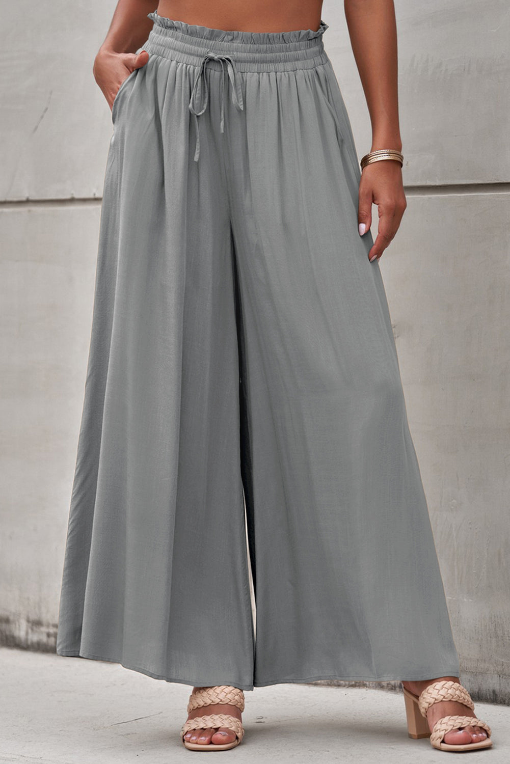 Beige Drawstring Smocked High Waist Wide Leg Pants