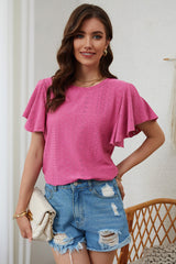 Rose Flutter Sleeve Eyelet Textured Top