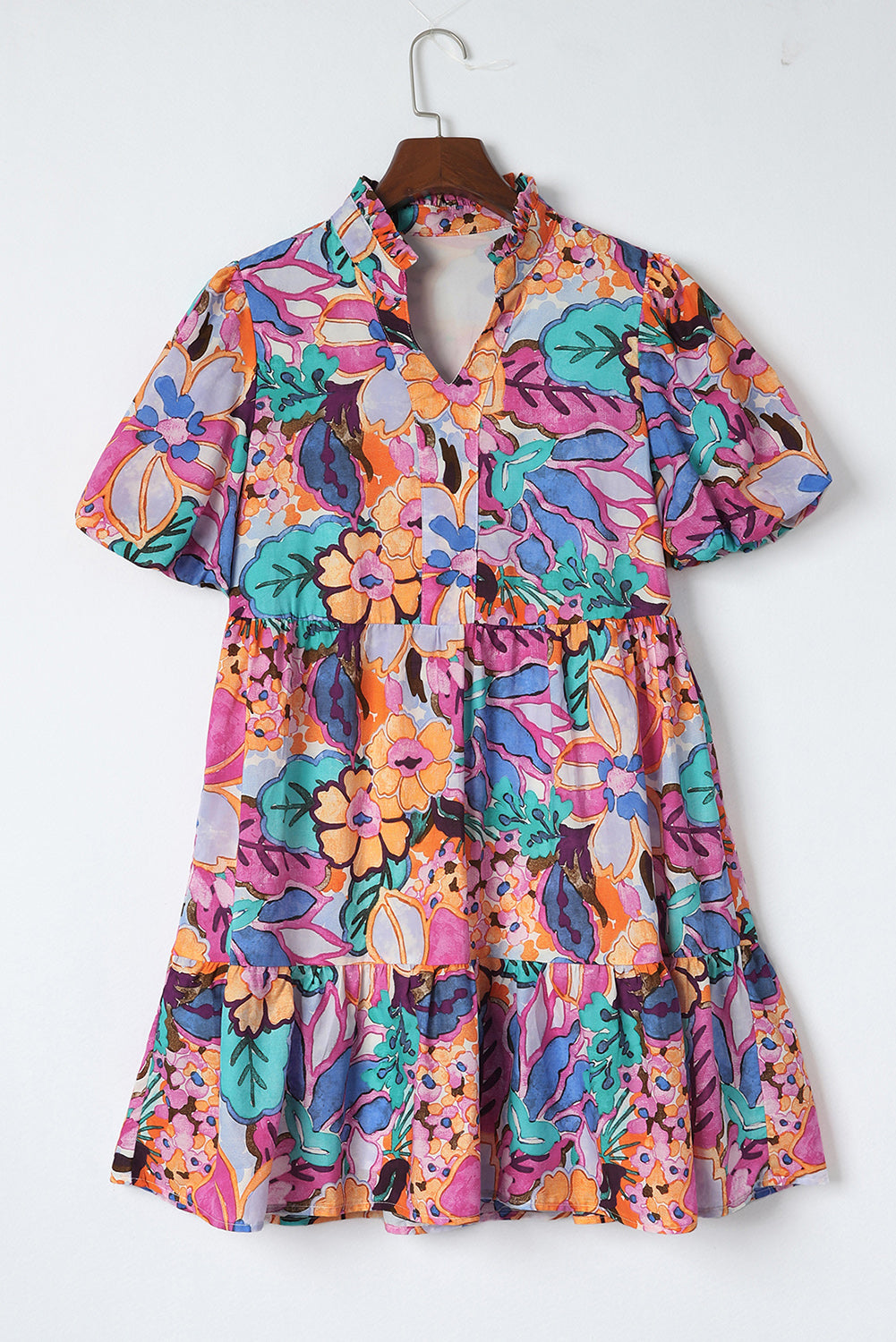 Multicolor Floral Print V Neck Puff Sleeve Mini Dress