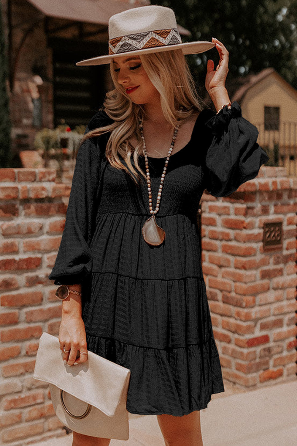 Black Bishop Sleeve Smocked Tiered Mini Dress