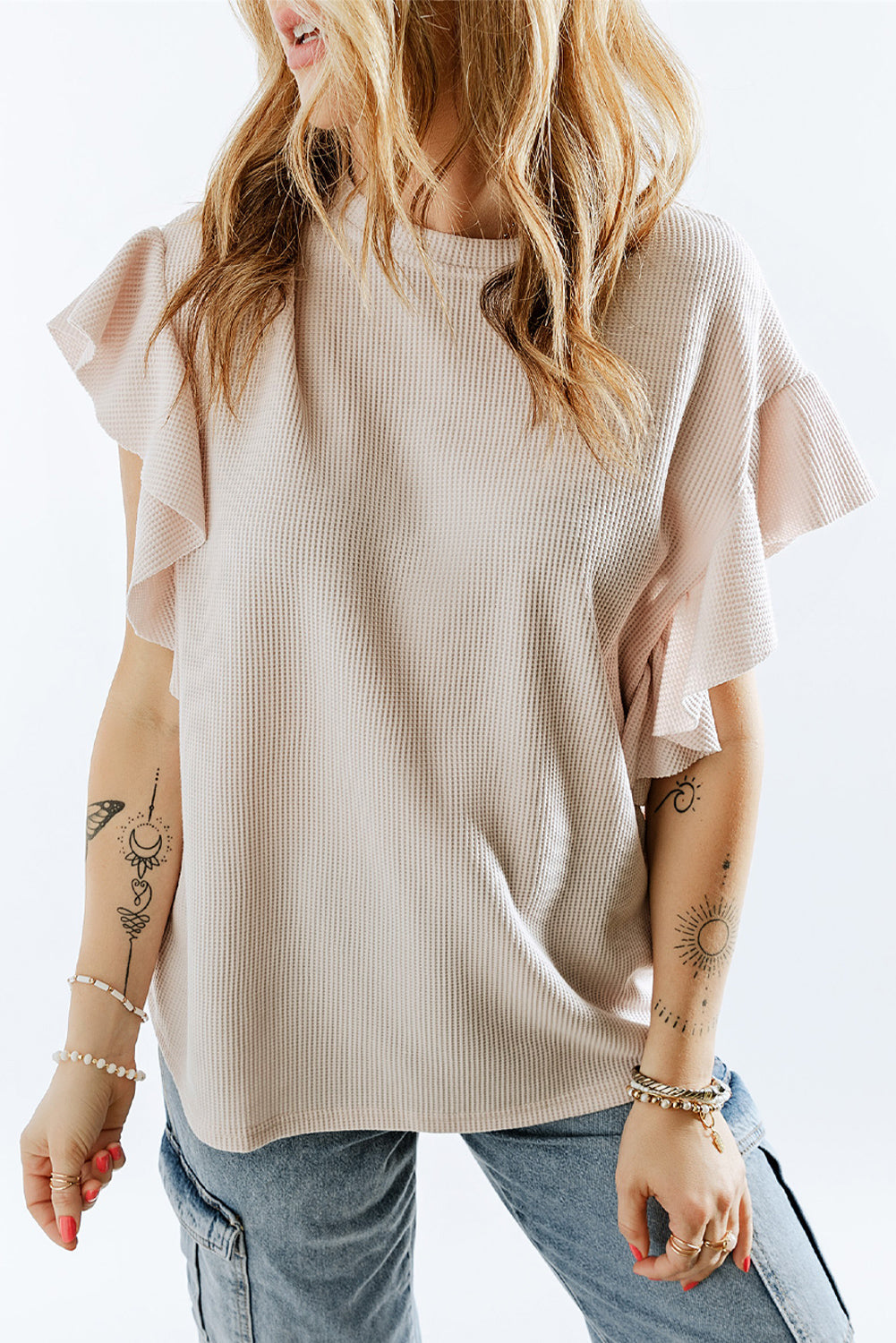 Pink Ruffle Sleeve Waffle Knit Top