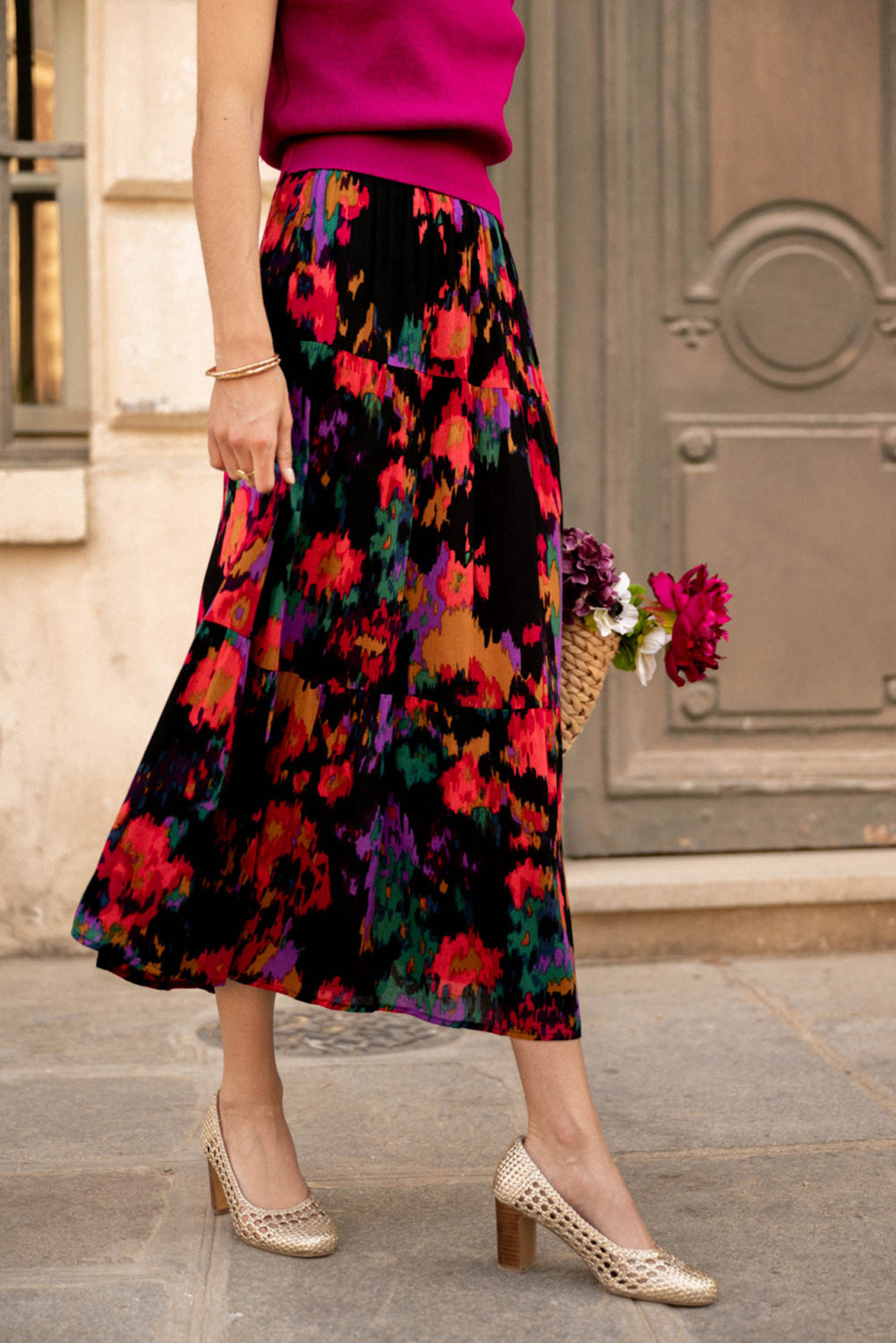 Black Abstract Floral Print High Waist Maxi Skirt