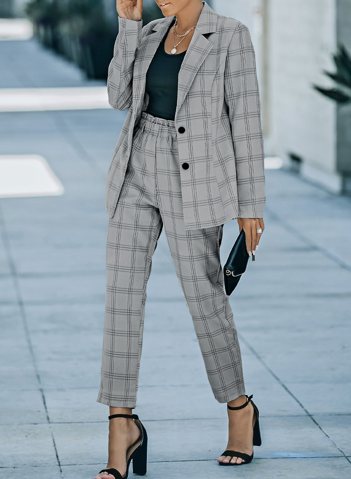 Gray Lapel Button Plaid Blazer