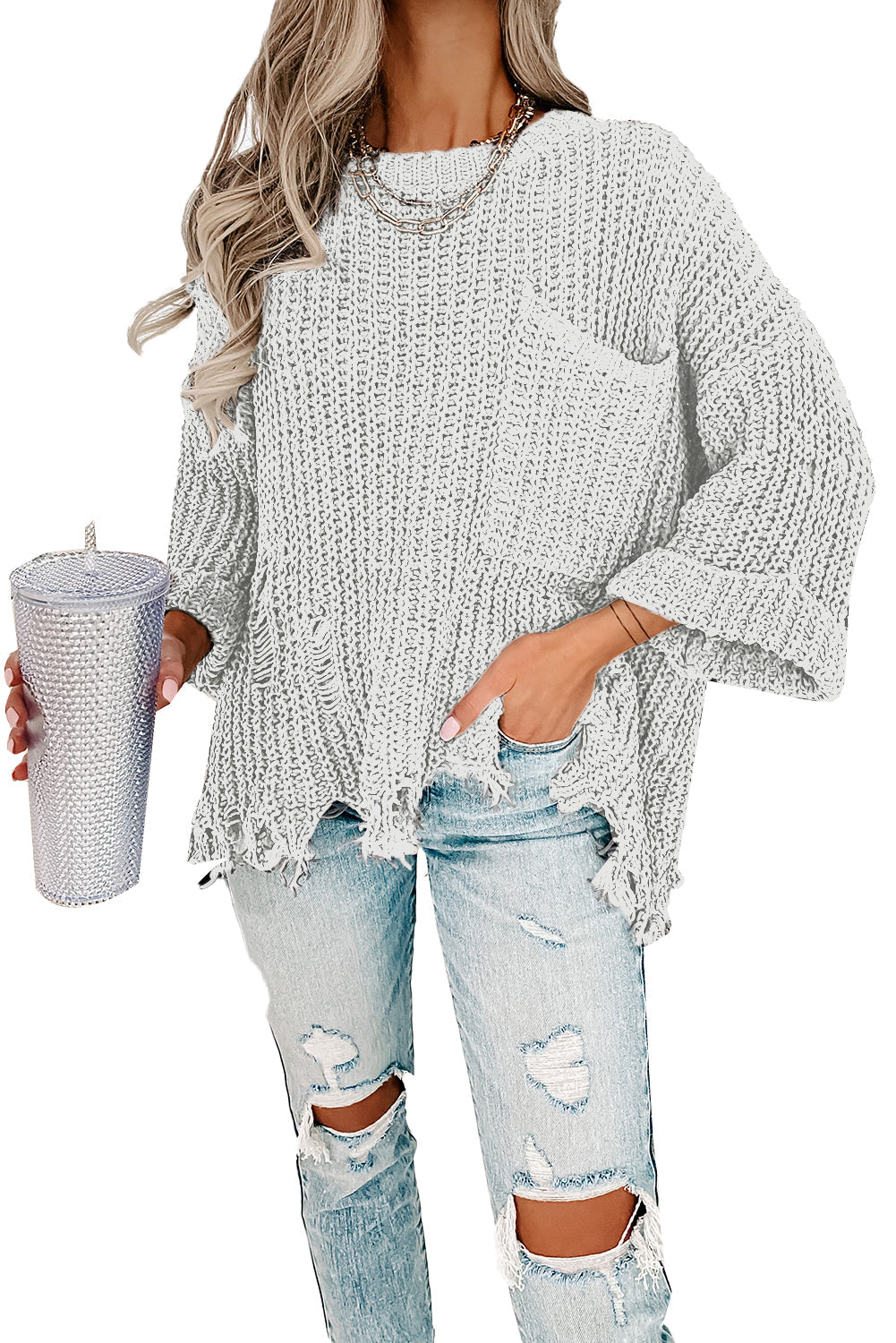 Bright White Ripped Raw Hem Chunky Pullover Sweater