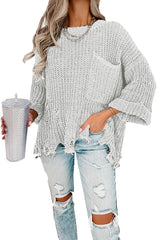 Bright White Ripped Raw Hem Chunky Pullover Sweater