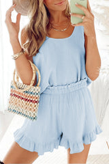 Sky Blue Textured U Neck Tank Top and High Waist Shorts Set