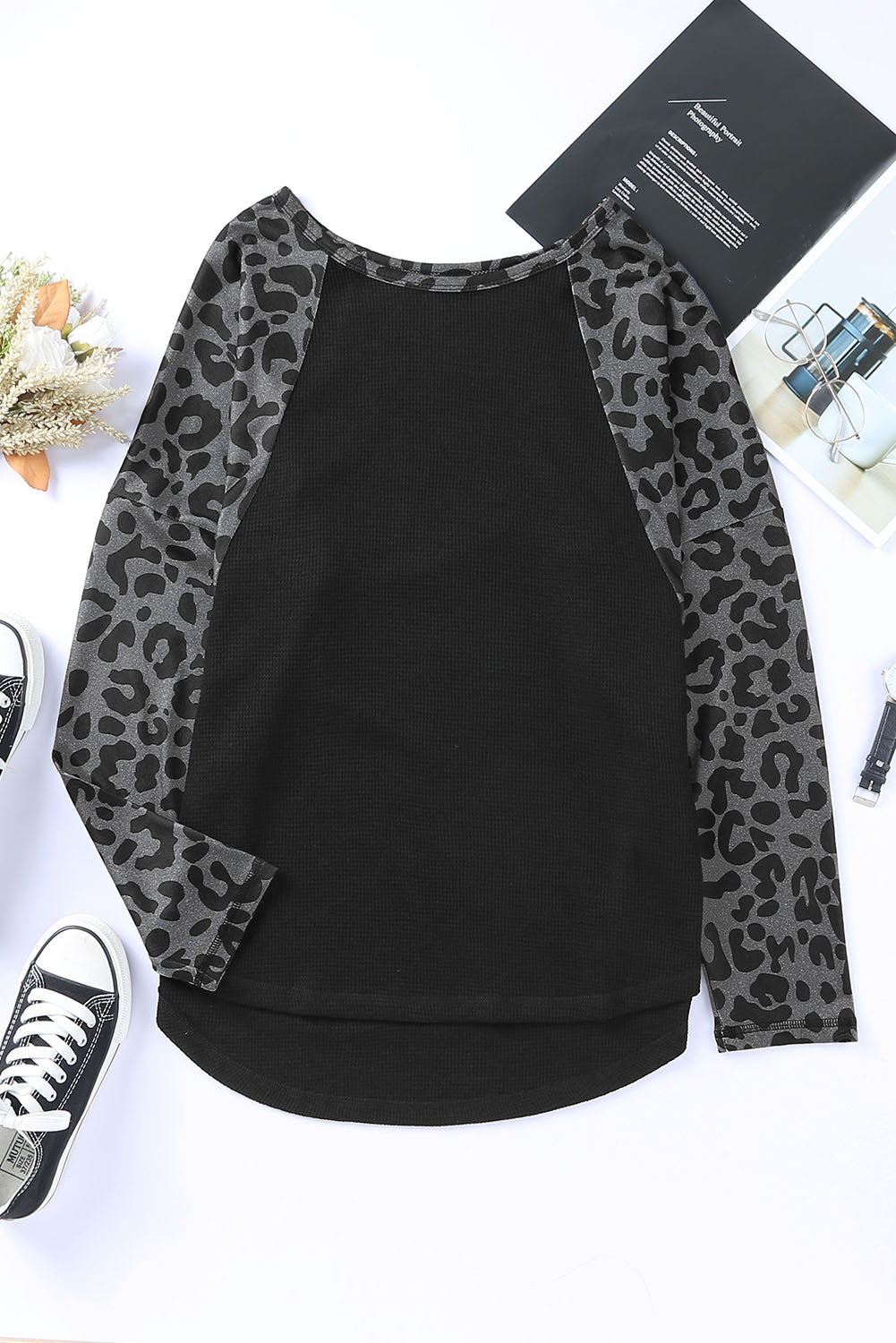 Black Leopard Raglan Sleeve Waffle Knit Plus Size Top