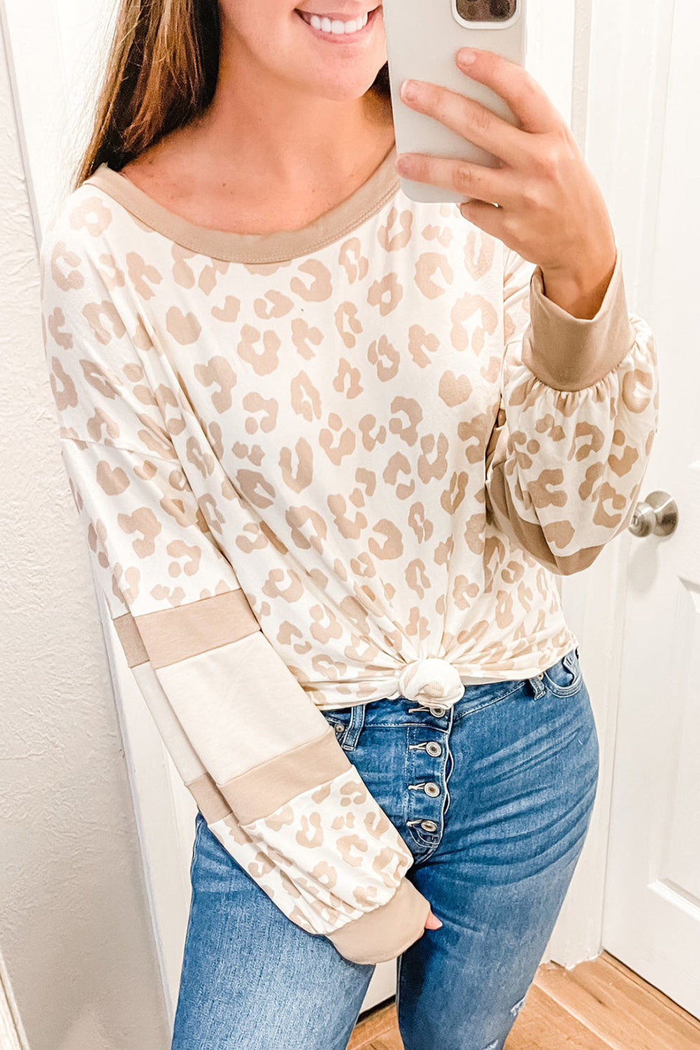 Bright White Leopard Print Round Neck Puff Sleeve Top