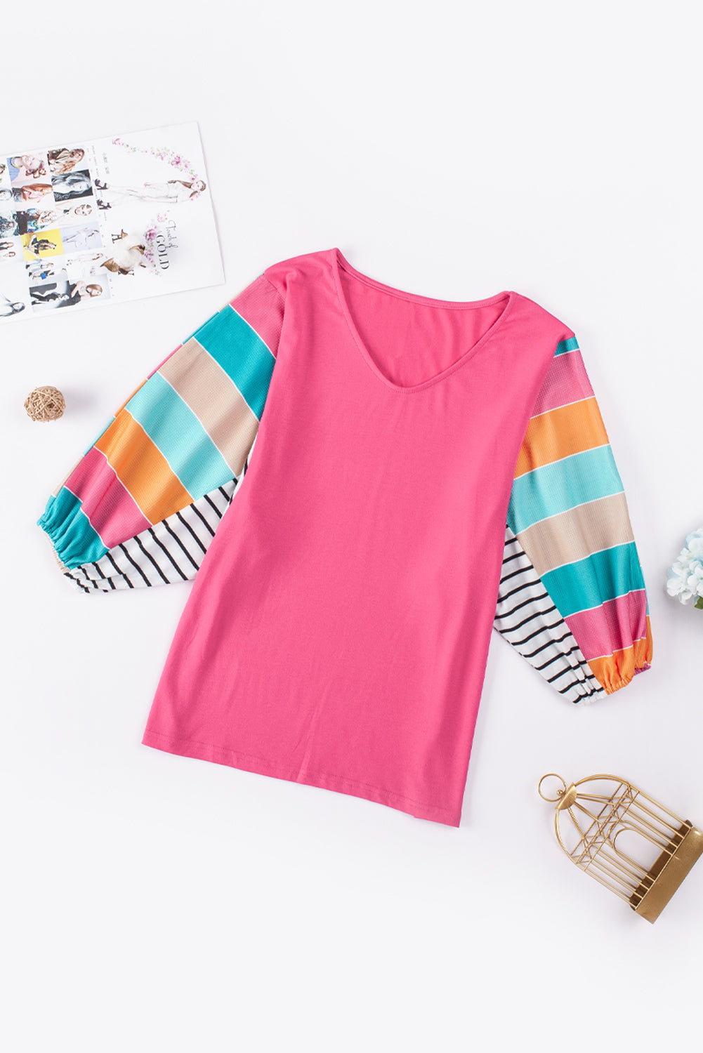 Rose Stripe Color Block Bubble Sleeve Top