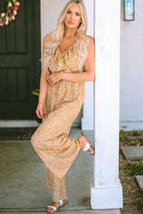 Yellow Leopard Print Drawstring Ruffled V Neck Jumpsuit