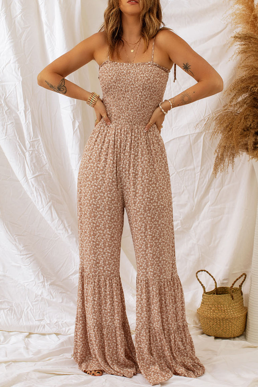 Khaki Thin Straps Smocked Bodice Wide Leg Floral Jumpsuit