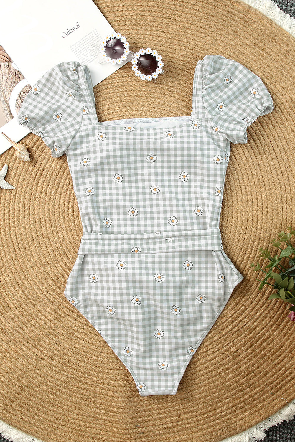 Gray Waist Knot Square Neck One Piece Swimsuit