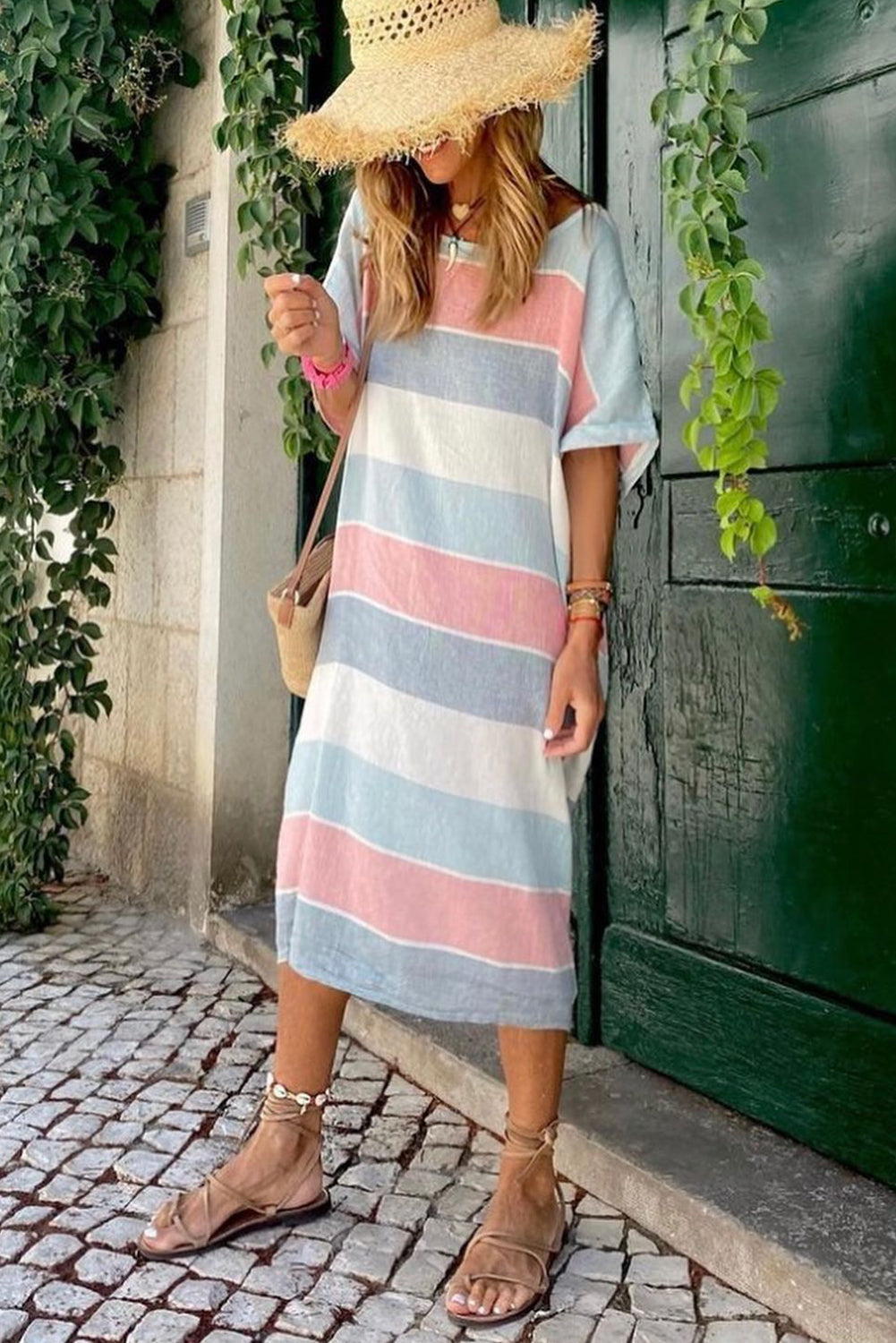 Multicolor Striped Color Block Loose Fit 3/4 Sleeve Dress